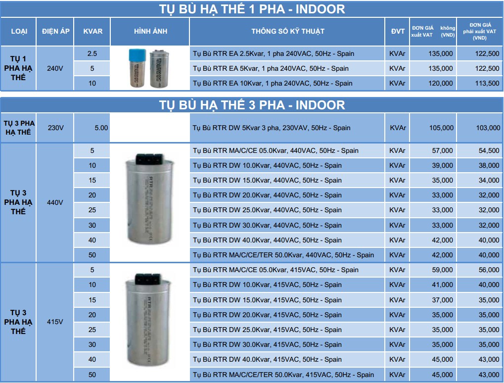 Bảng giá tụ bù RTR