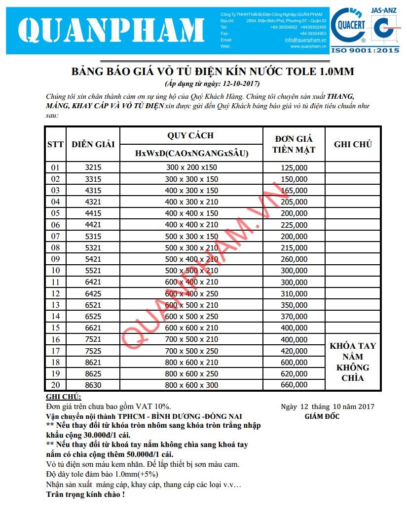 bang bao gia vo tu dien kin nuoc tole 1.0mm