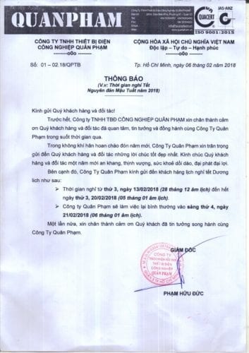 Thông báo lịch nghỉ tết nguyên đán Mậu Tuất 2018